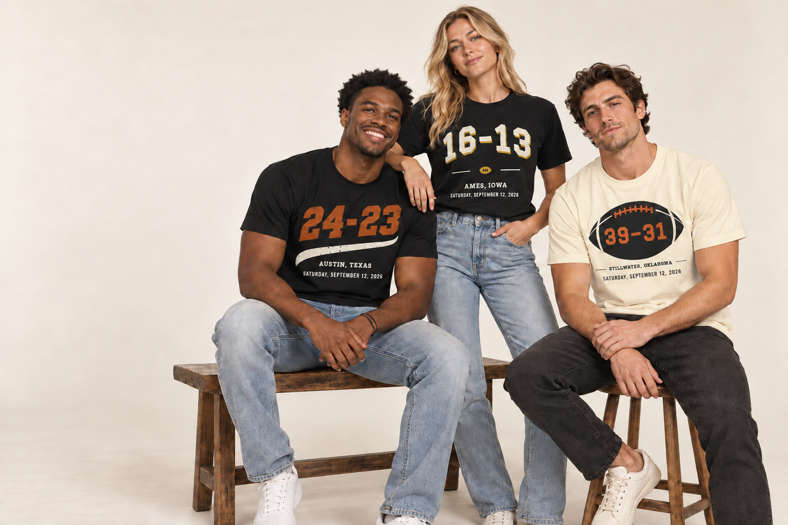 Week Two retired drop: three models wearing the Texas 24–23, Iowa 16–13 and Oklahoma State 39–31 shirts.