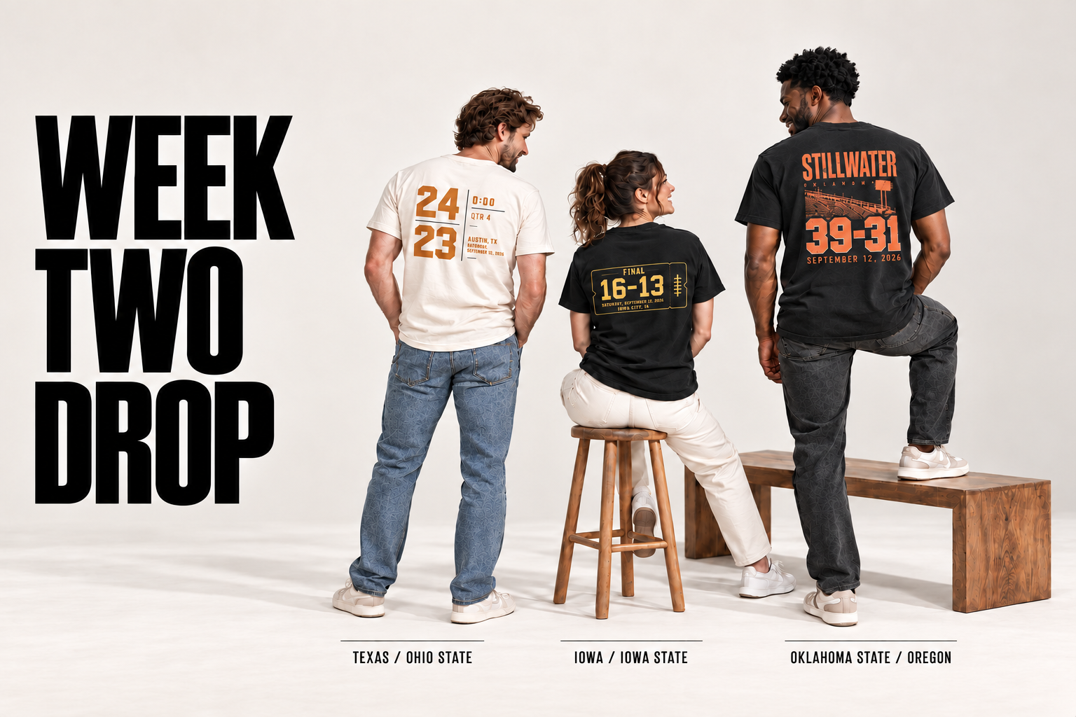 Week Two Drop: Texas scoreboard, Iowa ticket and Oklahoma State stadium shirts on three models in the studio.