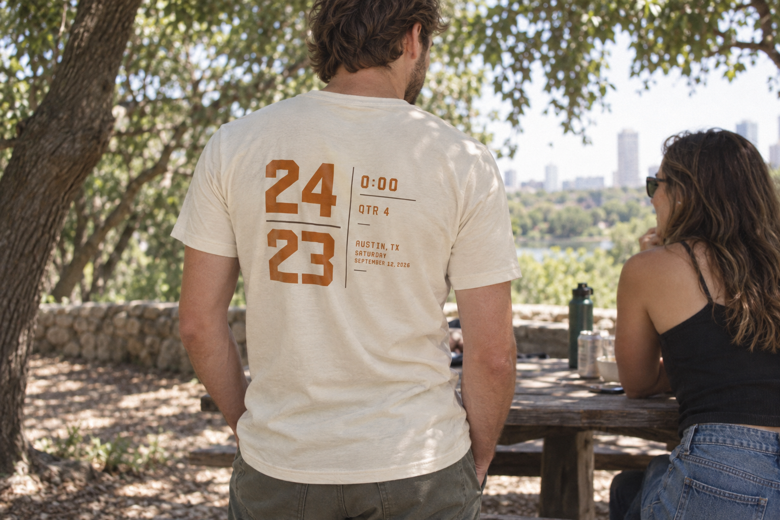 The scoreboard tee worn with friends after the game